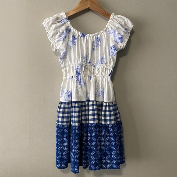 Handmade Children's Cotton Viscose White Blue Floral Multi Pattern Dress - Picture 1 of 14